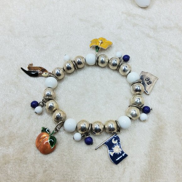Vintage Style South Carolina Theme Silver Charm Beaded Bracelet With Enamel Char - Picture 1 of 4